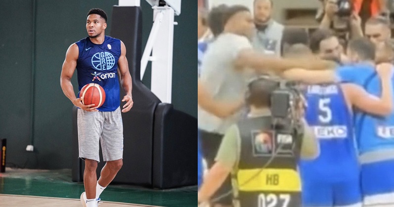 希臘隊頭號球星「字母哥」Giannis Antetokounmpo 突然以手掌拍擊 Giannoulis Larentzakis 後腦。