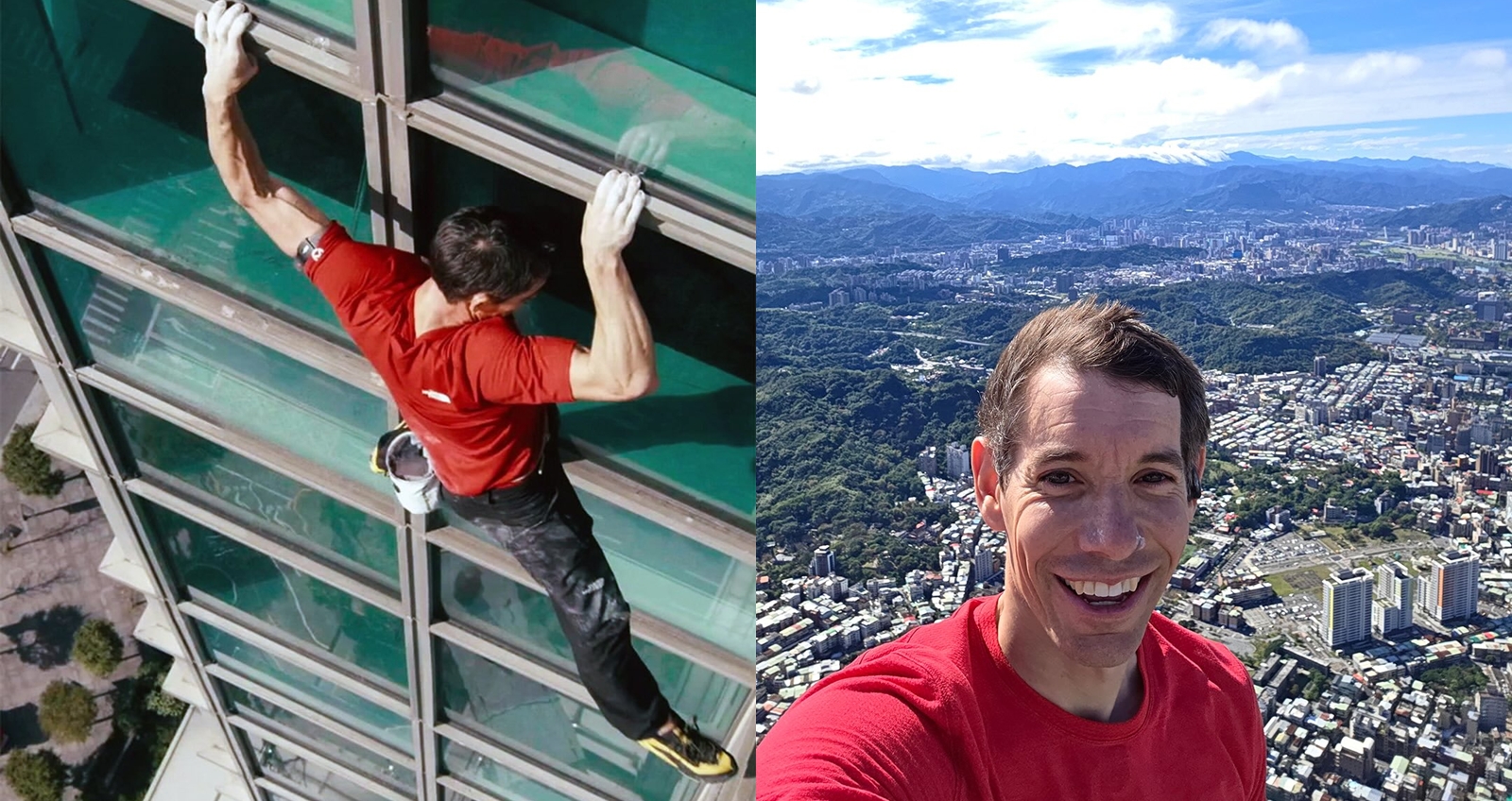 美國攀岩家霍諾德（Alex Honnold）上週在未使用防護裝備下，徒手攀登台北101。（圖：IG）