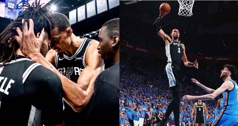 NBA區部決賽首戰今日點燃戰火,聖安東尼奧馬刺與奧克拉荷馬雷霆在俄克拉荷馬城展開一場雙延長賽的史詩級惡戰。馬刺隊年僅22歲的7呎4吋不世出奇才 Victor Wembanyama 全場大殺四方,狂飆41分與24籃板,更在比賽壓力登頂時投進驚天動地的超遠追平三分球,強悍表現震撼全美,率領馬刺在客場以1:0拔得頭籌。