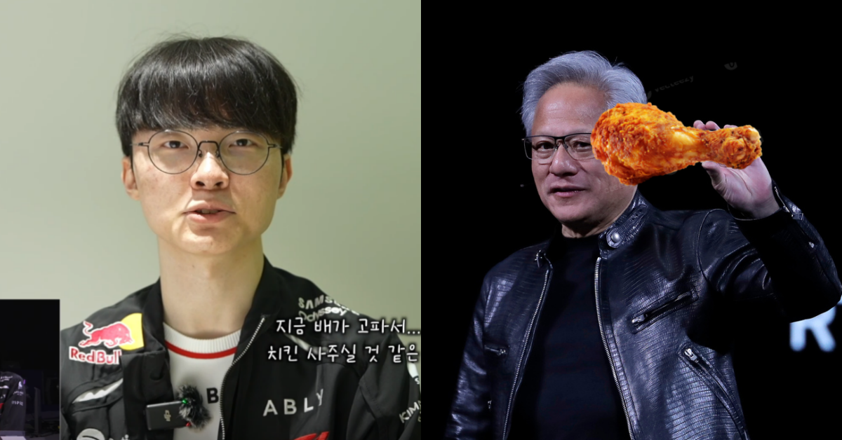 真的要請炸雞了？黃仁勳即將拜訪 T1，力爭與 Faker 會面！（圖片來源：右側為達志影像合成圖）